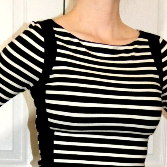 WHBM Top Black White Stripes Fitted Knit Casual or Work Long Womens size XXS - Picture 5 of 13